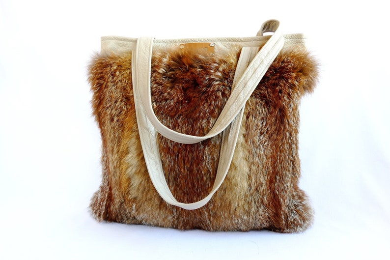 shopping bag leather recycling fur bag red fox Shopper leather cowhide genuine leather bag leather bag carrying case real fur
