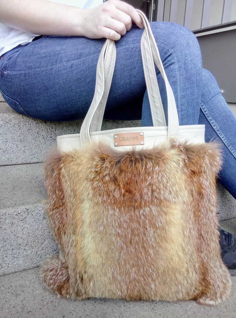 shopping bag leather recycling fur bag red fox Shopper leather cowhide genuine leather bag leather bag carrying case real fur
