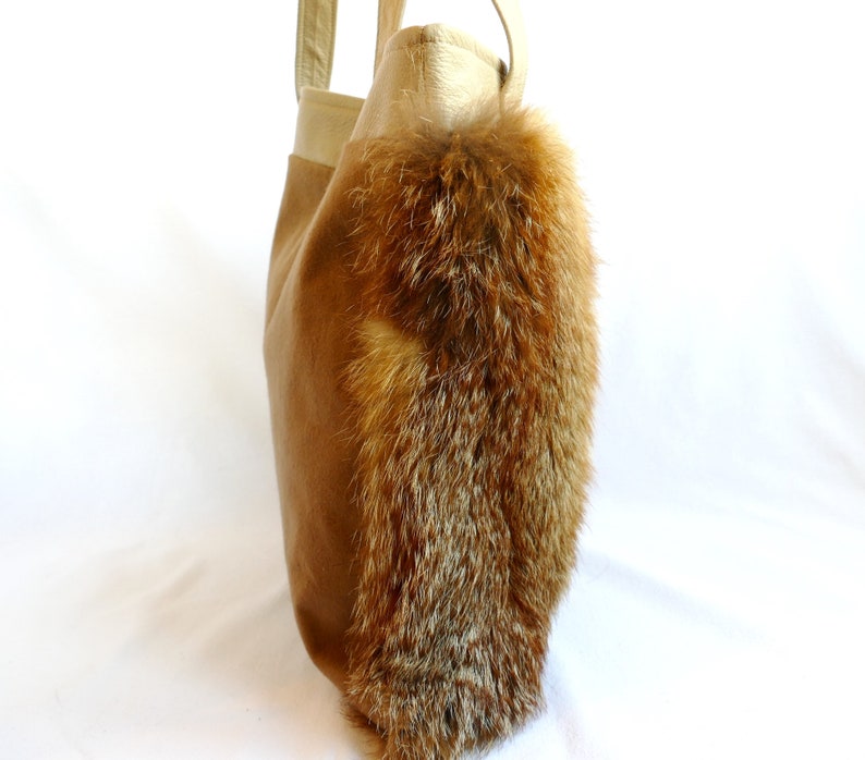 shopping bag leather recycling fur bag red fox Shopper leather cowhide genuine leather bag leather bag carrying case real fur
