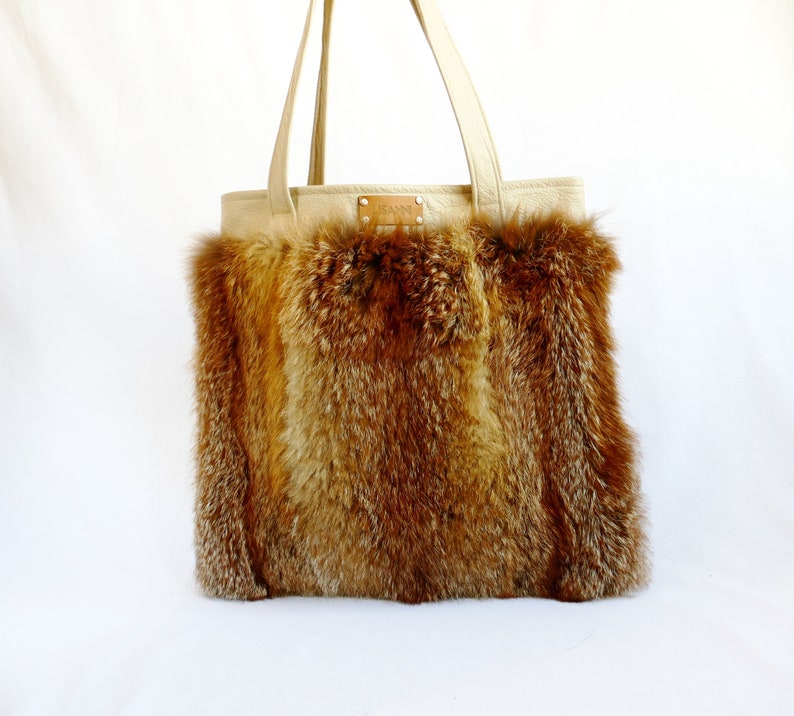 shopping bag leather recycling fur bag red fox Shopper leather cowhide genuine leather bag leather bag carrying case real fur