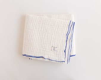 Organic Nontoxic Cream with Blue Liner Muslin Baby Blanket, Four Layers Large Size Soft Gauze Baby Swaddle