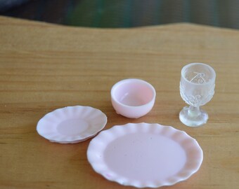 1:6 Fashion doll -Pink Dinnerware - Listing is for ONE 4 piece set - Dinner plate/Salad-Dessert plate/Bowl/Goblet Looks like fine China