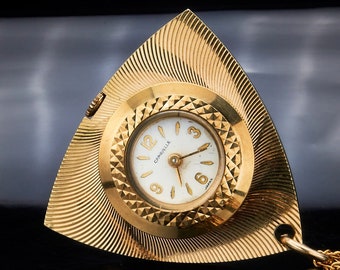 1967 Caravelle by Bulova Asymmetrical Ladies Gold Plated Mechanical Pendant Watch, Vintage Heirloom Estate Jewelry