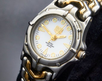 1990s Elgin "ESS 147" Quartz Ladies Dive Watch, Stainless Steel Tonneau Case, Two-tone Chevron-shaped Steel Link Bracelet