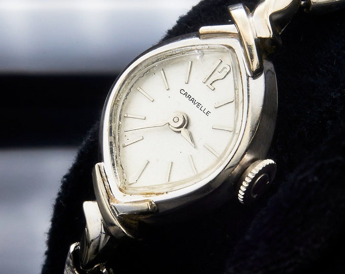 Classic 1972 Caravelle Ladies 10k White Gold Cat-Eye Cocktail Watch • Vintage 10k White Gold Bracelet • Mid Century Modern Jewelry
