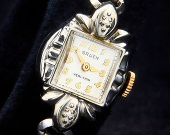 Ornate 1949 Gruen "Veri-Thin" 10k White Gold Filled Ladies Marquise Cocktail Watch, Two Tiny Diamonds, 12k Gold Filled Hadley Metal Bracelet