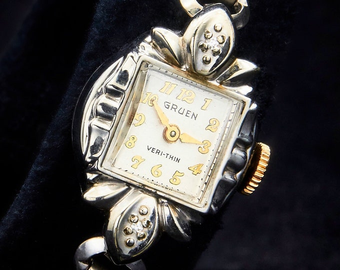 Ornate 1949 Gruen "Veri-Thin" 10k White Gold Filled Ladies Marquise Cocktail Watch • Two Tiny Diamonds • 12k Gold Filled Hadley Bracelet