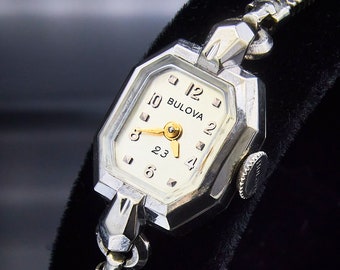 1956 Bulova "First Lady H" Solid 18k White Gold Octagon Marquise Case, 10k White Gold Filled Metal Rope Bracelet, Mid Century Modern