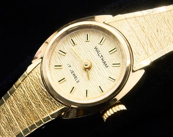 Mid Century Modern 1963 Waltham "CJI68" Ladies Tonneau Gold Tone Cocktail Watch, 10k Yellow Rolled Gold Plate Bracelet, Vintage Jewelry
