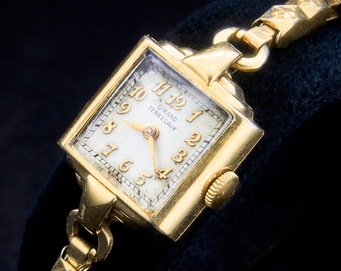 Mid Century 1955 Girard Perregaux 10k Yellow Gold Filled Ladies Square Bracelet Cocktail Watch • 10k Gold Filled Stretch Expansion Bracelet