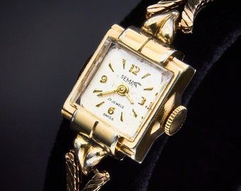 Midcentury Semag Gold Plated Ladies Square Cocktail Watch, Swiss Made Mechanical, Speidel USA 10k Gold Filled Herringbone Bracelet