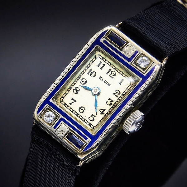 1931 Elgin "126" Diamond and Navy Enameled 14k White Gold Tank Ladies Watch, Art Deco Estate Jewelry