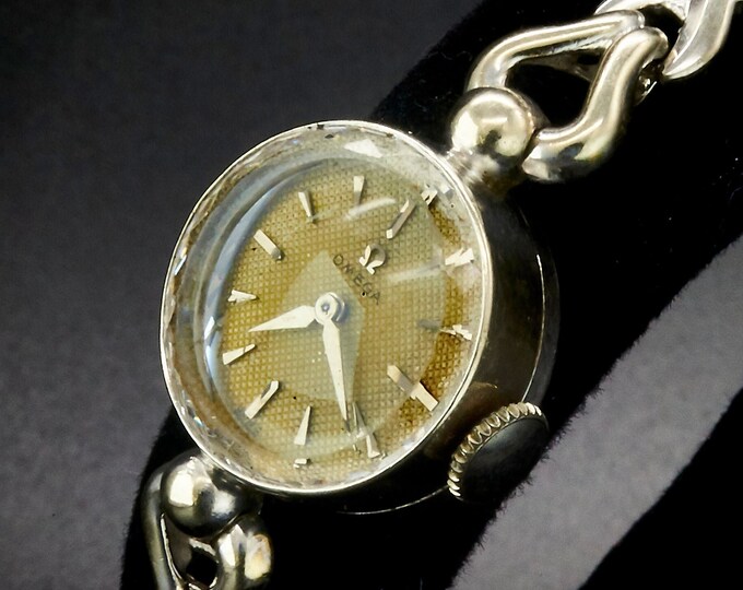 Solid 14k White Gold Watch, 1954s Vintage Omega Cocktail Watch, Stretch metal Bracelet Watch, Solid Gold Jewelry (approx 4.4 grams)