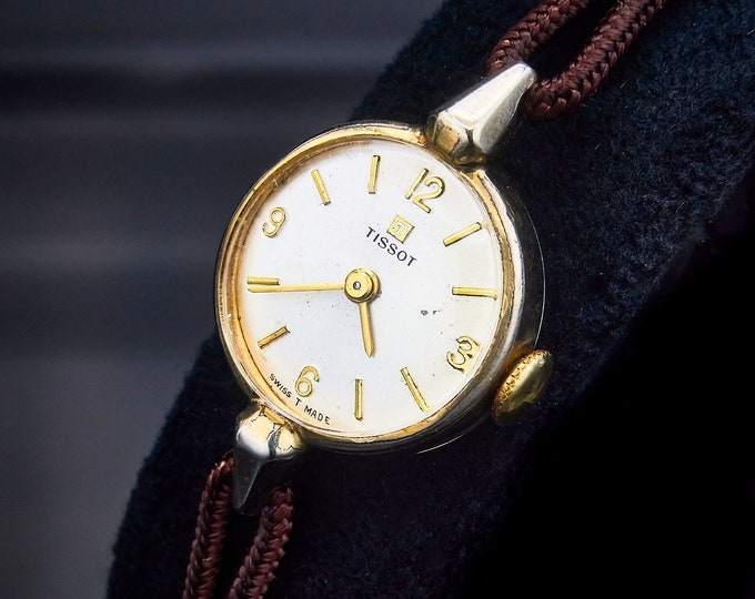 Featured listing image: 1967 Tissot "1237" Ladies Round Mechanical Cocktail Watch • Antique Brown Silk Cord • Mid Century Modern • Vintage Heirloom Estate Jewelry