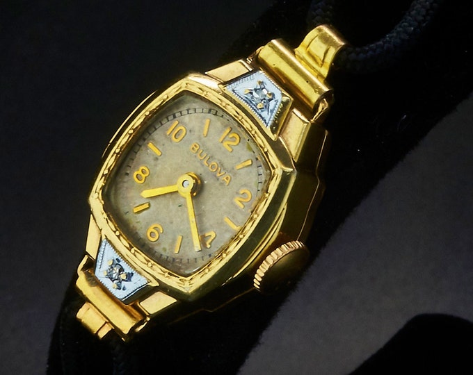 Featured listing image: 1938 Bulova "Lady Bulova D" 10k Yellow Gold Plated Diamond Ladies Marquise Cocktail Watch • Ladies Antique Estate Heirloom Jewelry