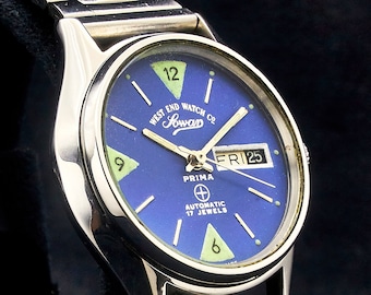 1983 West End "Prima K-4457" Men's Automatic Watch, Blue Round Dial, Everbright Stainless Steel Case and Bracelet, Men's Vintage Style