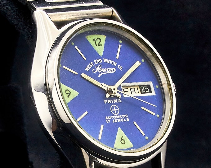 VERY COOL! Mens "Prima K-4457" Automatic West End Watch c. 1983 • Blue Round Dial • Everbright Stainless Steel Case / Bracelet • Day/Date