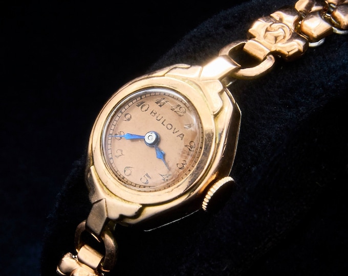 Dainty Elegant 1943 Bulova "Goddess of Time" 14k Rose Gold Filled Marquise Cocktail Watch •10k Rose Gold Filled Stretch Expansion Bracelet