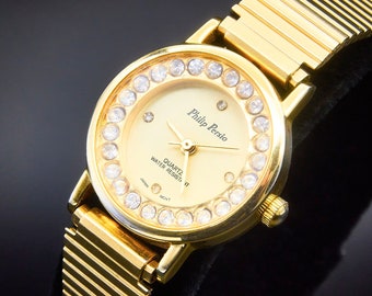 1980s Phillip Persio, Gold Tone Faux Diamond Bezel Cocktail Watch, Heirloom Estate Jewelry, Vintage Jewelry, Vintage Style