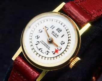 Bejeweled Gisa 1972 Ladies Watch, Vintage Red Leather Band, Mid Century Modern Heirloom Jewelry, Vintage Estate Heirloom Jewlery