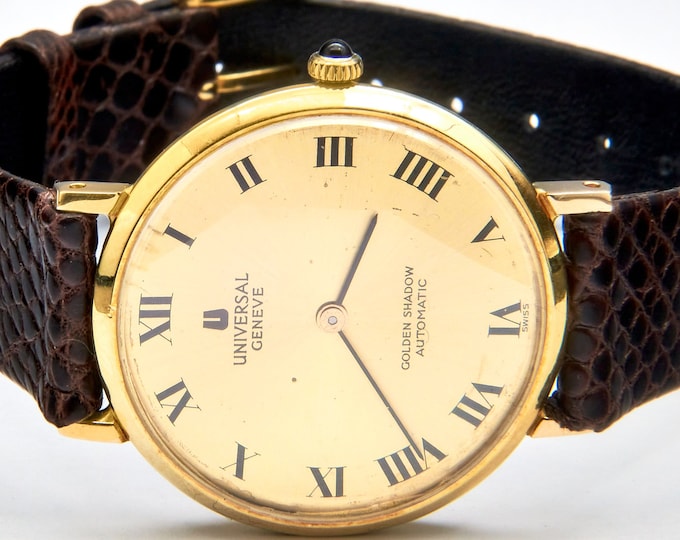 Highly Coveted! 1960s Universal Geneve "Golden Shadow" • Solid 18k Gold Automatic Micro-Rotor Mens/Unisex Tonneau Watch • Near Mint