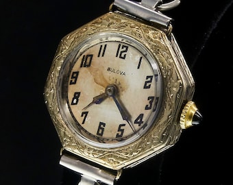 1922 Bulova "Lady Maxim" Art Deco 18k Weißgold gefüllte handgravierte Achteck Armband-Uhr, Damen-antikes Erbstück-Schmuckstück."