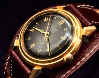 Mid Century 1950s Soviet Kirovskie Poljot "Rodina" Mechanical Men's Gold-tone Watch, Made in the USSR, Chocolate Brown Bund Style Watchband