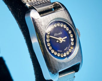 FUNKY Bejeweled 1960s Alavente Watch, Stainless Steel Tonneau Case with Blue Dial, Choice of Band, Mid-Century Modern Jewelry