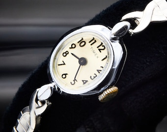 Classic 1960s Timex Silver Tone Marquise Ladies Cocktail Watch, Stainless Steel Stretch Expansion Bracelet, Vintage Estate Heirloom Jewelry