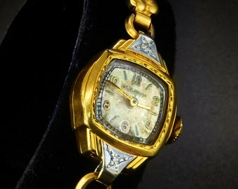 1937 Bulova "Lady Bulova D" 10k Yellow Gold Filled Marquise Cocktail Watch, Two Old Mine Diamonds, Art Deco, Heirloom Estate Jewelry