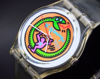 RARE 1986 Swatch Keith Haring "Serpent" GZ102 Quartz Unisex Watch, Near Mint Condition, Extremely Rare, Limited Edition, New Battery