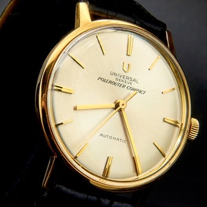 1960s Universal Genève Polerouter, 18K Gold Automatic Men’s Watch, Vintage Swiss Military Style, Rare Tonneau Case