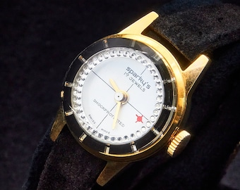 Glam! 1973 Sparky's "Mystery Dial" Gold Plated Ladies Tonneau Watch, Bejeweled Rotating Disc, Black Synthetic Suede Band, Vintage Jewelry