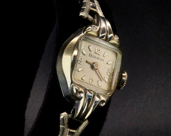 1963 Bulova "Concerto" 10k White Gold Plated Marquise Cocktail Bracelet Watch, Mid Century Modern, Ladies Heirloom Estate Jewelry