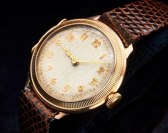 ANTIQUE 1910s Ladies Victorian 9k Gold Filled Case Cocktail Watch, Vintage Austrian Brown Leather Bracelet, Heirloom Estate Jewelry