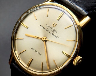 1960s Universal Geneve "Polerouter Compact" Solid 18k Gold Automatic Men's/Unisex Tonneau Watch, Near Mint Condition, Heirloom