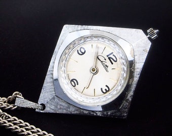 1970s Chateau Ladies Pendant Silver-Tone Mechanical Watch Necklace, Asymmetrical Case, Internally Faceted Crystal, Vintage Heirloom Jewelry