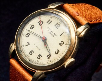 1940s Crawford Mens/Unisex Military Mechanical Watch, Stainless Steel Tonneau Case, Tan deBeer Europa Leather Bracelet