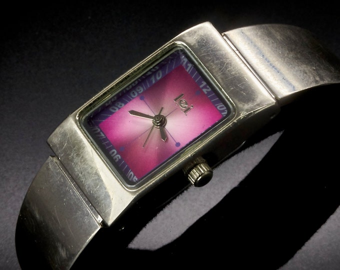 FUN! Vintage 1990s LEI 9611 Ladies Stainless Steel Tank Watch • Integrated Cuff Bracelet •  BOLD Fuschia Pink Dial