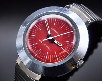 1974 Caravelle Stainless Steel Round Red Dial "UFO" Watch, Stainless Steel Expansion Bracelet, Vintage Style