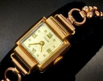Vintage Favor Ladies Square Tank Watch, 20 Micron Rose Gold Plate, Rose Gold Filled Speidel Stretch Bracelet, Heirloom Estate Jewelry