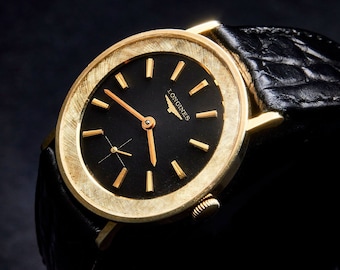 Longines Men's 14k Solid Yellow Gold Watch, Black Face with Gold Markers, Longines Black Leather Two-piece Bracelet, Vintage Style