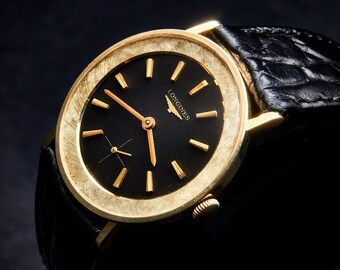 1950s Longines Men&#39;s 14k Solid Yellow Gold Watch, Longines Black Leather minimalist watches, Vintage Style14K Gold Longines Wrist watch