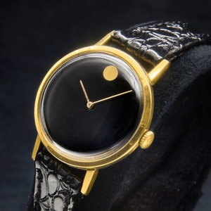 Eye Catching 1975 Movado Watch Museum Classic Ladies Elegant Round Minimalist Watch, Black Embossed Leather Band, Vintage Style image 1