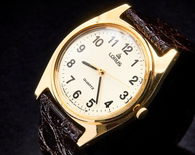Vintage Lorus Gold Tone Stainless Steel Back Watch • Quartz Tonneau Watch • Round Cream Dial • Brown Leather Bracelet