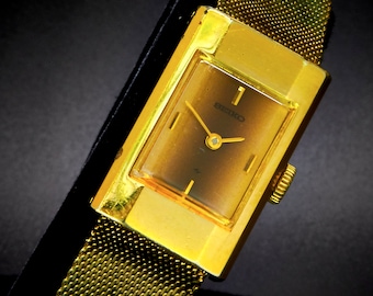 1978 Seiko RePlated 18k Gold Tall Rectangular Watch, Original 14k Gold Plated Integrated Duchess Mesh Bracelet