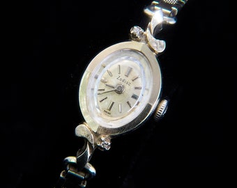 Solid 14k White Gold & Diamond 1960s Zodiac Ladies Marquise Cocktail Watch, 10k Gold Filled Bracelet, Vintage Heirloom Estate Jewelry