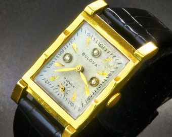 Stylish 1940 Bulova "Diamond Dial Tuxedo" Men's/Unisex Tank Watch, 10k Rolled Gold Plate with 3 Old Mine Cut Clear Round Diamond Markers