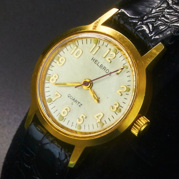 Vintage 1987 Helbros "72081/2 Y481 87-2" Ladies Round Gold Tone Quartz Watch, Classic 1980s Design, Heirloom Estate Jewelry, Vintage Style