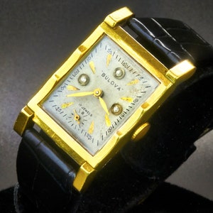 Rare 1940 Bulova Tuxedo Tank Watch – 10k Gold Plate, Old Mine Cut Diamonds, Art Deco Style